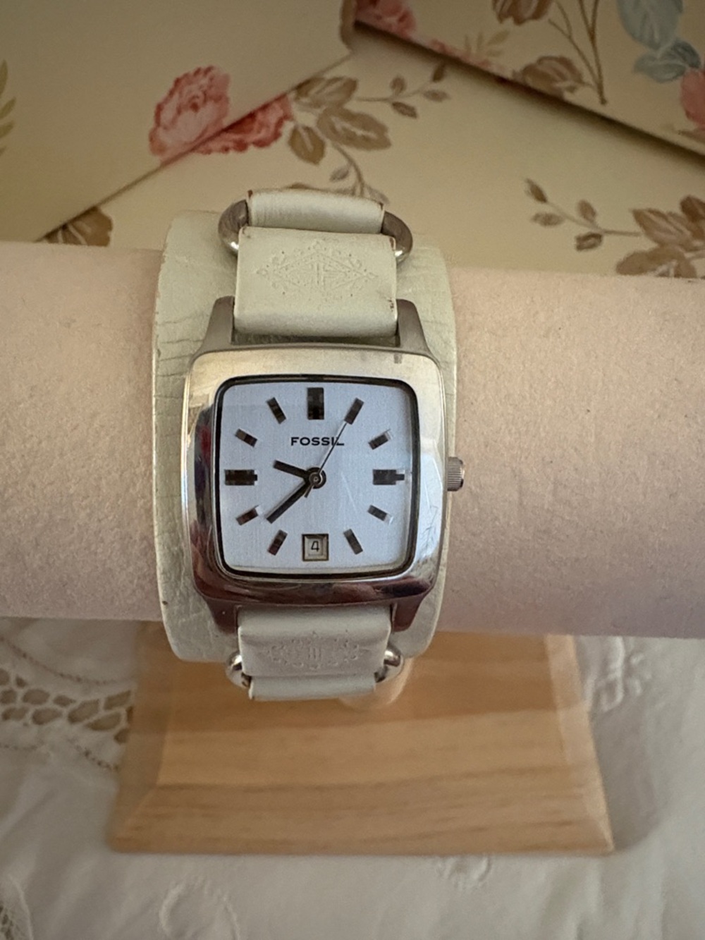 Fossil White Leather Strap Square Dial Watch